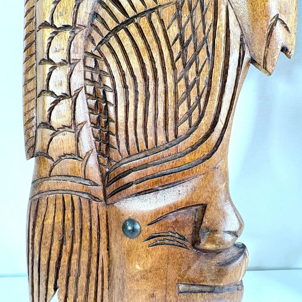 Vintage 70's Hand Carved Wood Wall Art Brown Pair Face Fish Tribal Folk Art MCM